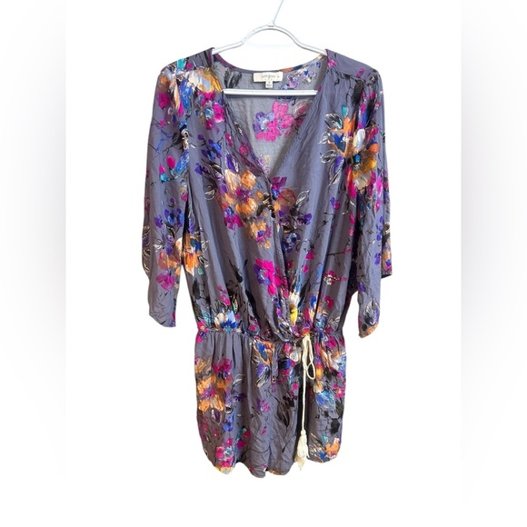 Umgee Women’s Purple Abstract Floral Faux Wrap Elastic Waist Romper XL - Picture 4 of 7